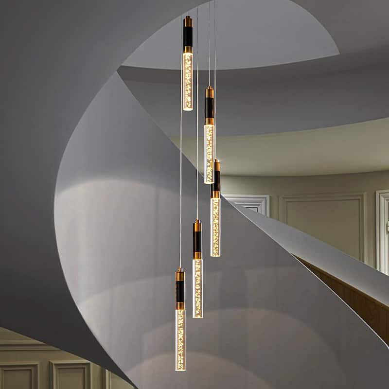 12'' Modern 5-Light Seeded Bubble Glass Cluster Integrated LED Staircase Chandelier Pendant Light In Matte Black - W12''