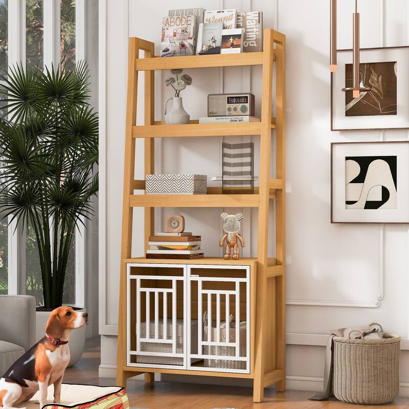 Anmytek Dog Crate Ladder Bookshelf Combo Pet Furniture with Storage and Geometric Doors