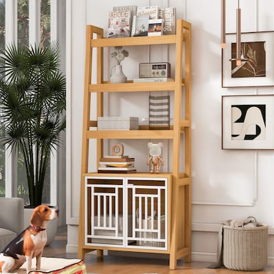 Furniture Style Dog Crate w/Ladder Bookcase，Dog Crate Furniture with Storage Shelves