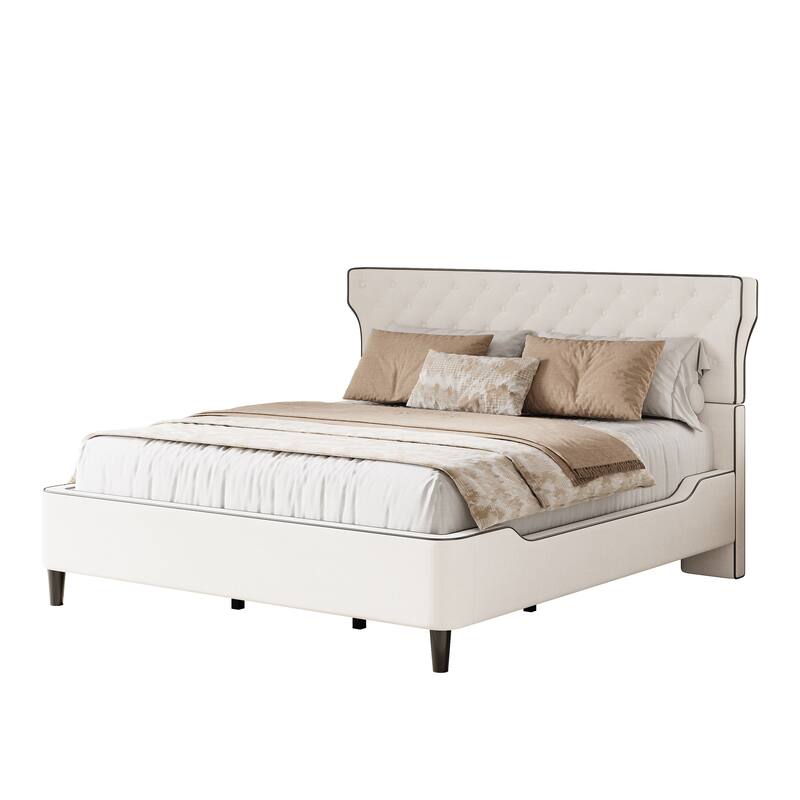 Christopher Knight Home - Aveline Modern Upholstered Platform Bed with Curved Back Headboard and Button Tufted Design