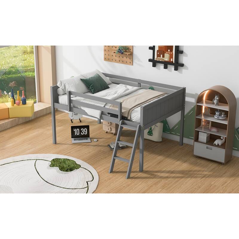 Full Size Wood Low Loft Bed with Ladder