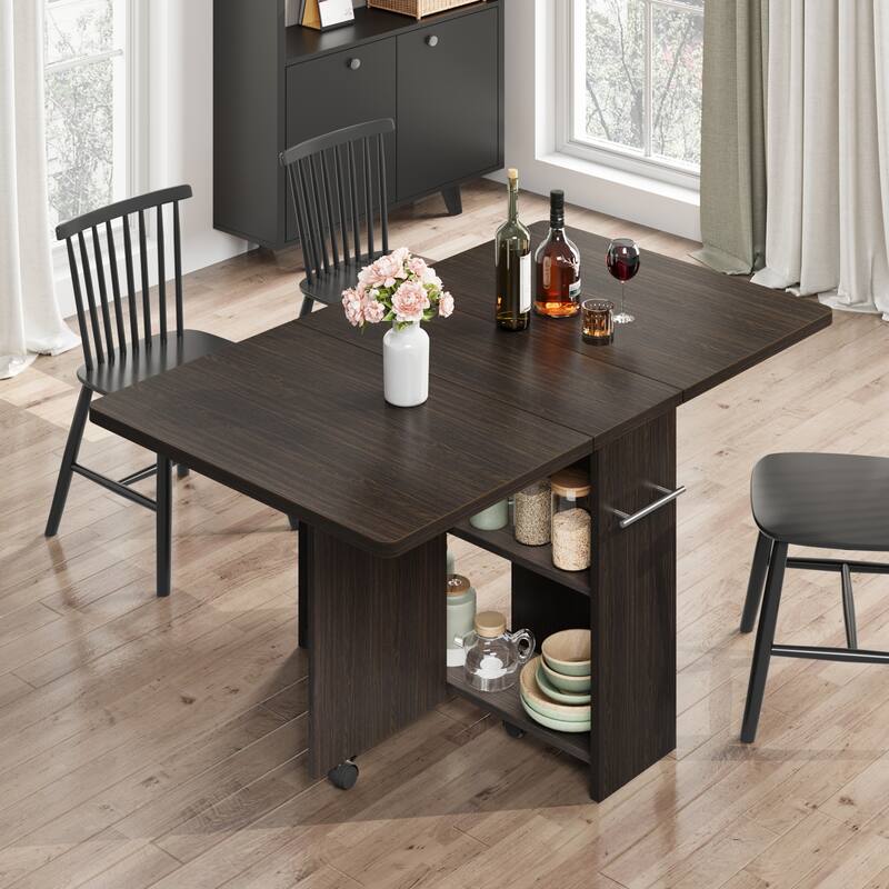 Folding Dining Table with 2 Tier Storage, Extendable Kitchen Table