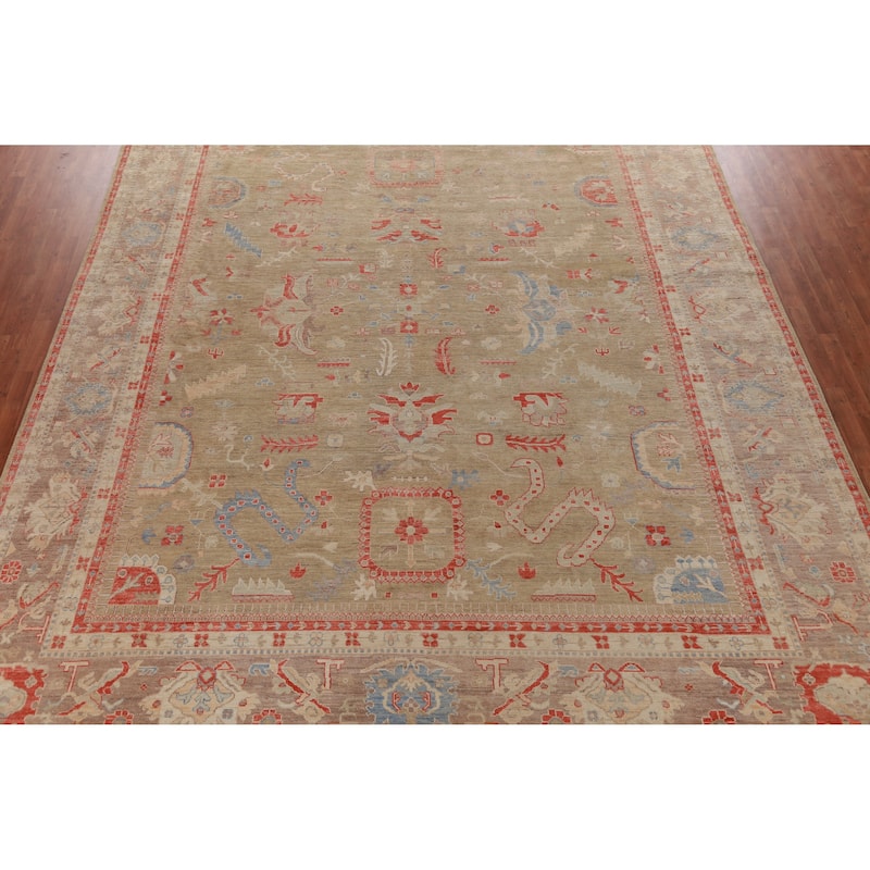 Hand Knotted Oriental 100% Wool Carpet Transitional All-Over Green Oushak Area Rug - 14' 10'' X 9' 11''