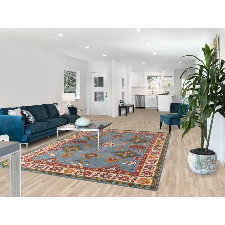 Blue Geometric Kazak Area Rug Hand-Knotted Wool Carpet - 6'10" x 9'7"
