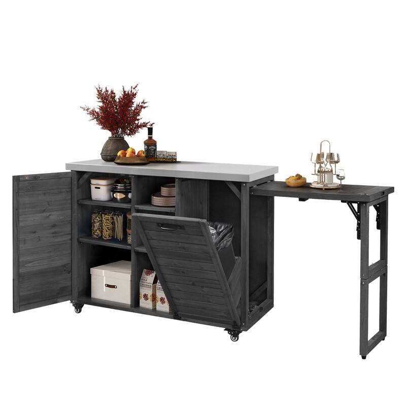 78.3" Outdoor Kitchen Island with Extendable Table, Trash Can Storage and Stainless Steel Top for BBQ Cooking