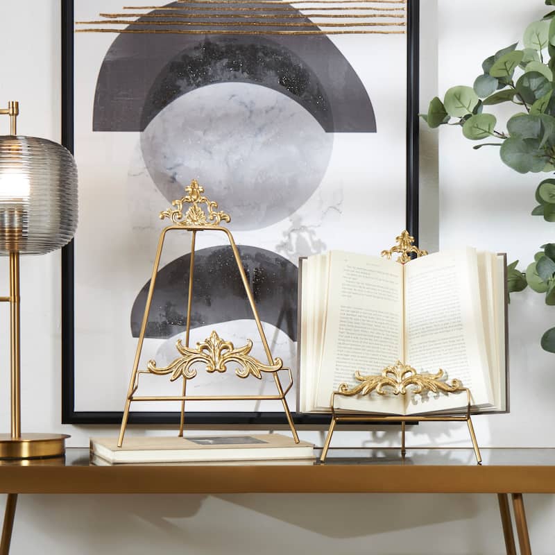 Metal Scroll Ornate Arabesque Tabletop Tabletop Display Easel - Set of 2 Gold - Roche River Decor - 10"W x 11"L x 16"H
