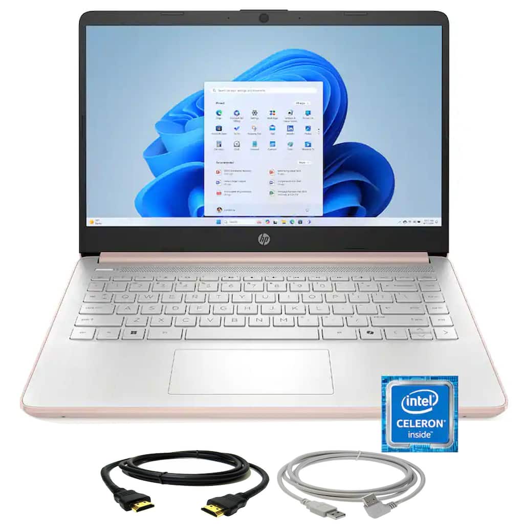 HP 14" Laptop - Intel Celeron N4500 - 4GB Memory, 64GB eMMC - Pale Rose Gold + USB 2.0 Type A Male To B Male Cable + HDMI Cable