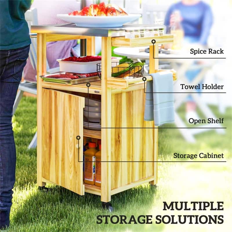 Natural Wood Grill Cart with Stainless Steel Top Cabinet Spice Rack Towel Holder and Swivel Casters 27 Inch