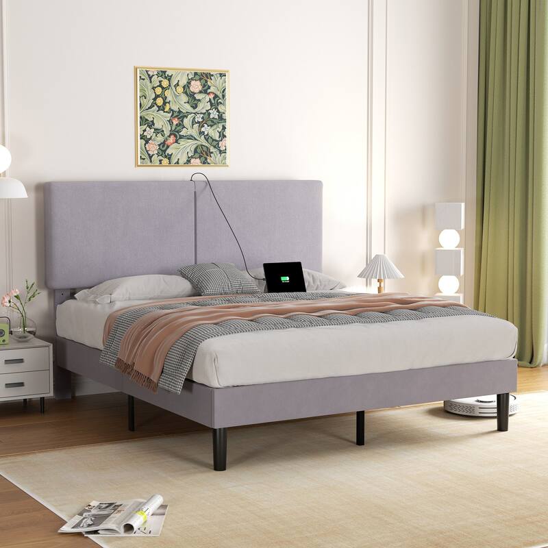 Javlergo Upholstered Platform Bed Frame with 2 USB Charging Station & Adjustable Headboard, No Box Spring Needed