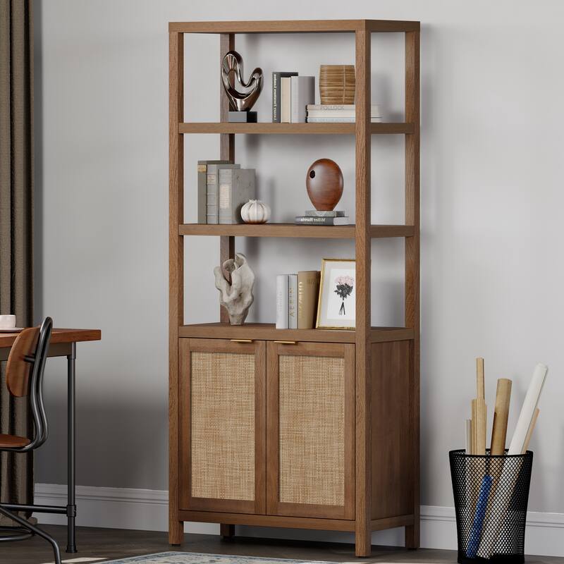SICOTAS 5 Tier Adjustable Bookshelf with Rattan Storage Cabinet