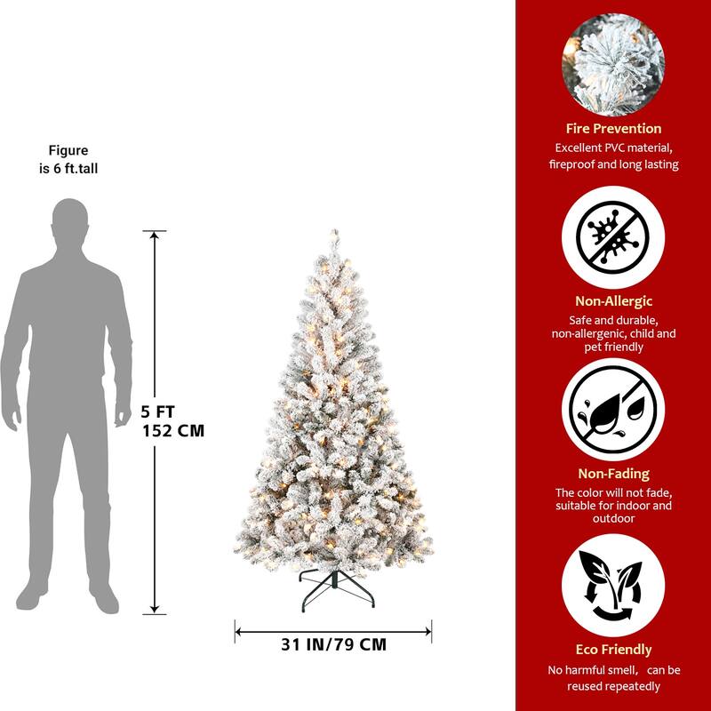 7FT Flocked Christmas Tree with 350 Warm White Incandescent Lights-Snowy Artificial Tree with 1022 Tips and Sturdy Metal Stand