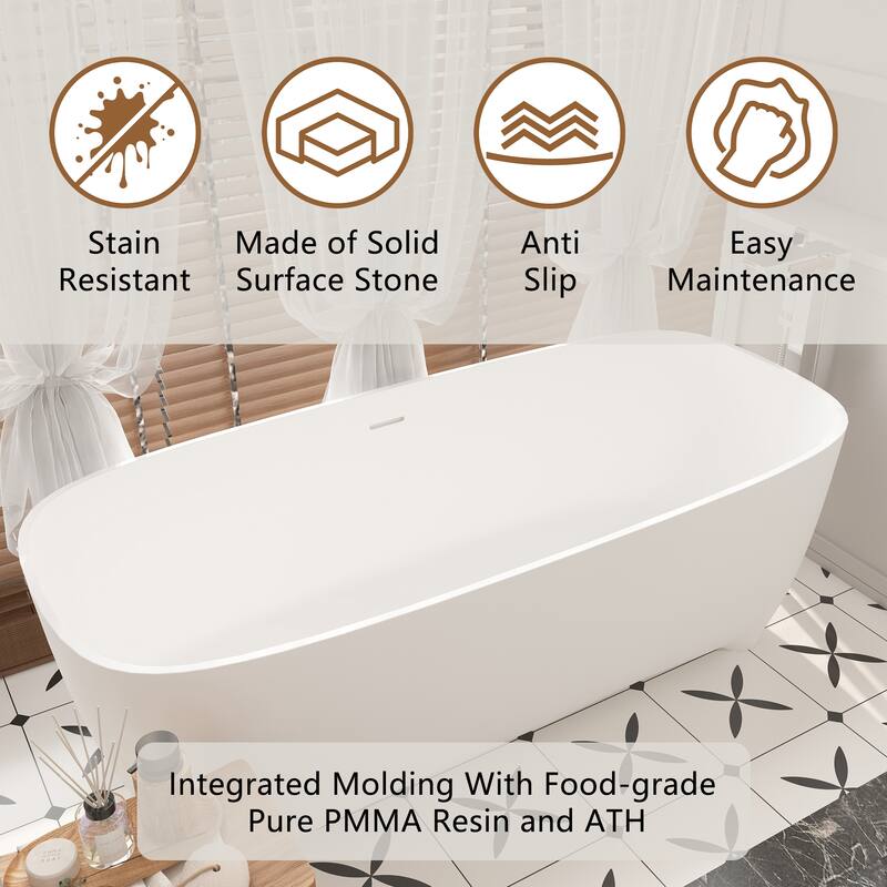 CASAINC 67 Inch Soaking Bathtub Solid Surface Stone Bathtub with Center Drain in Matte White - 67 Inch
