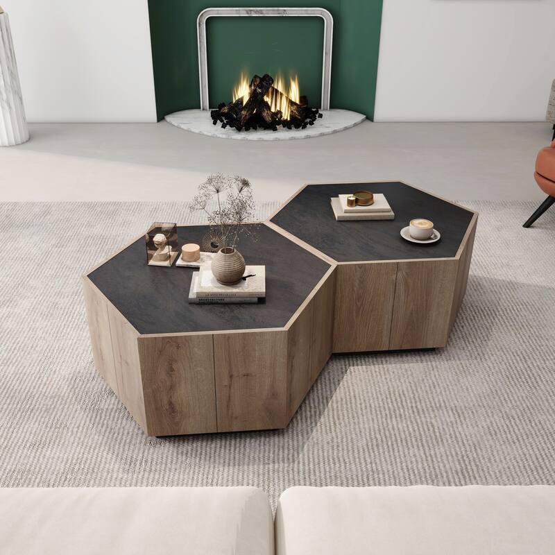 Mieres Modern Coffee Table, Wooden Cocktail Table, Hexagonal Coffee Table with Textured Black and 2 drawers Center Table