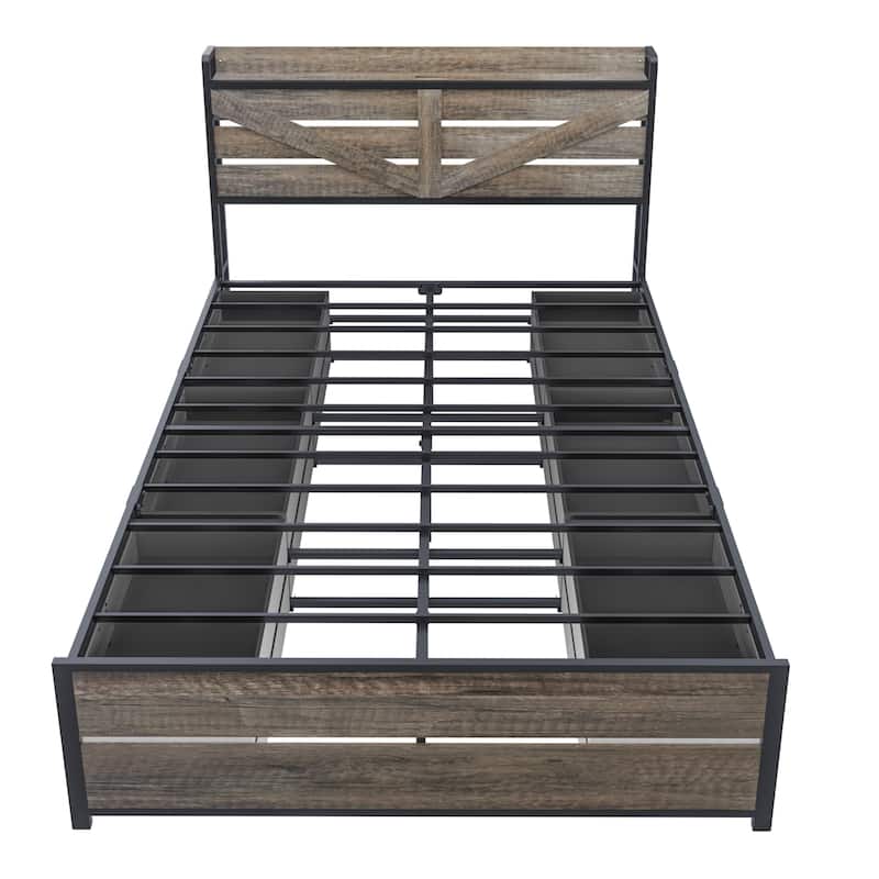Retro Storage Bed with 12 Storage Drawers and Panel Headboard Built-in Charging Station, Metal Slats Support Platform Bed Frame