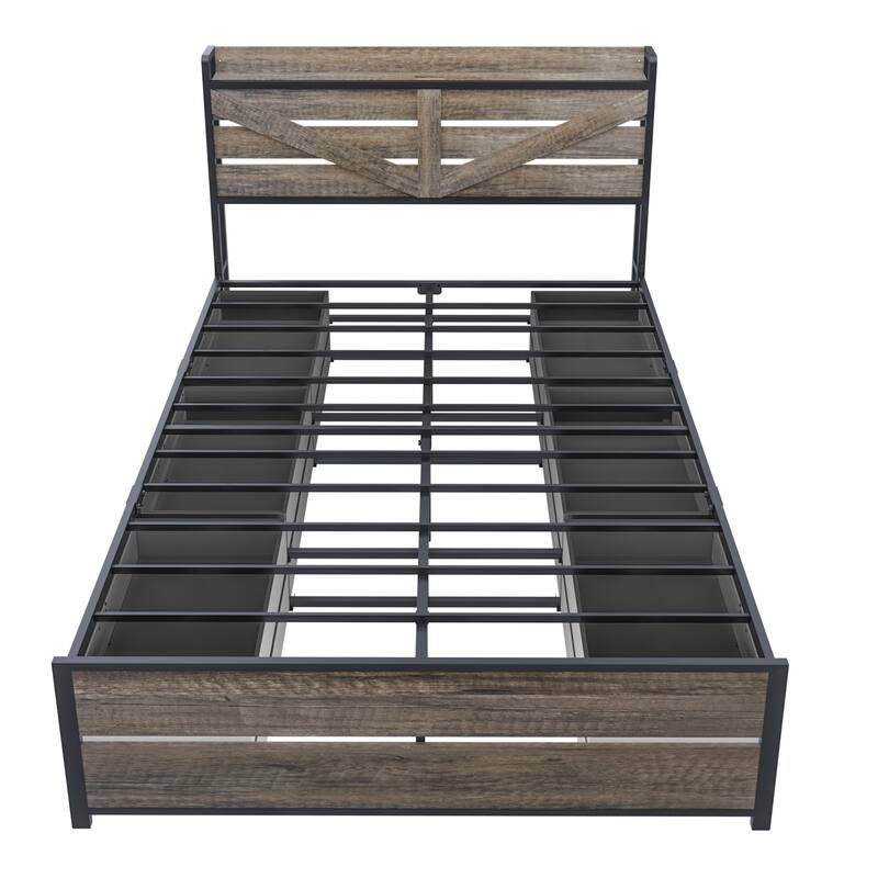 Roomfitters Metal Platform Bed Frame with 12 Storage Drawers, Bookcase Headboard, Charging Station, No Box Spring Needed