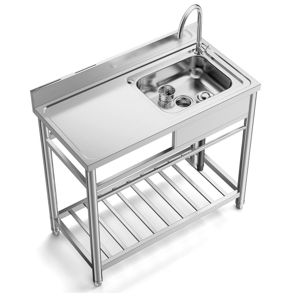 Stainless Steel Utility Sink, 1 Compartment Free Standing Small Sink with Workbench Faucet & Legs