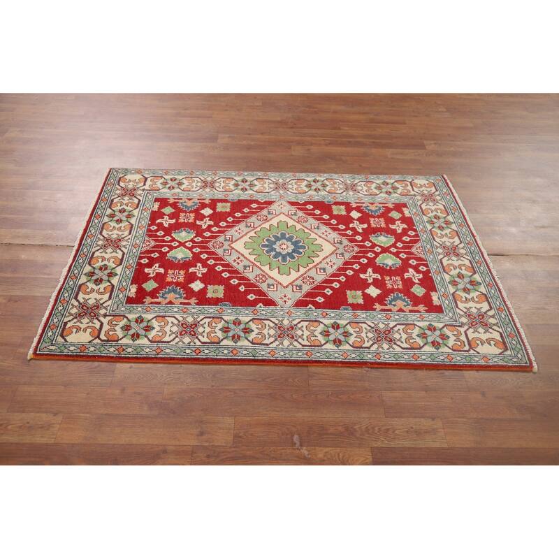Red Geometric Kazak Accent Rug Hand-Knotted Traditional Wool Carpet - 3'4" x 4'10"