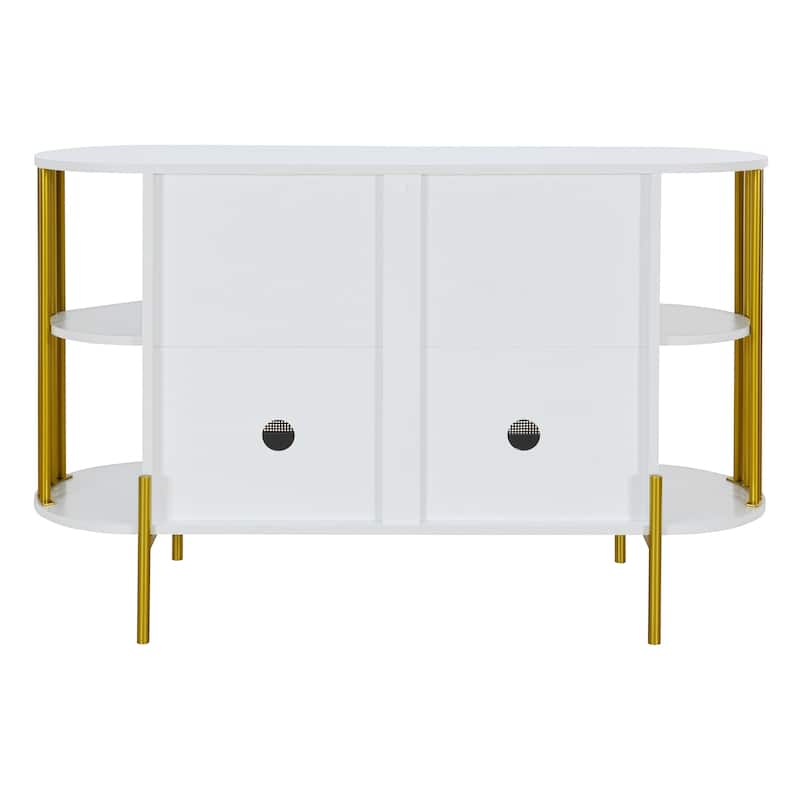 2-Door Elegant Curved Dining Cabinet with Gold Trim and Woven Rattan Doors for Dining Room (Black)