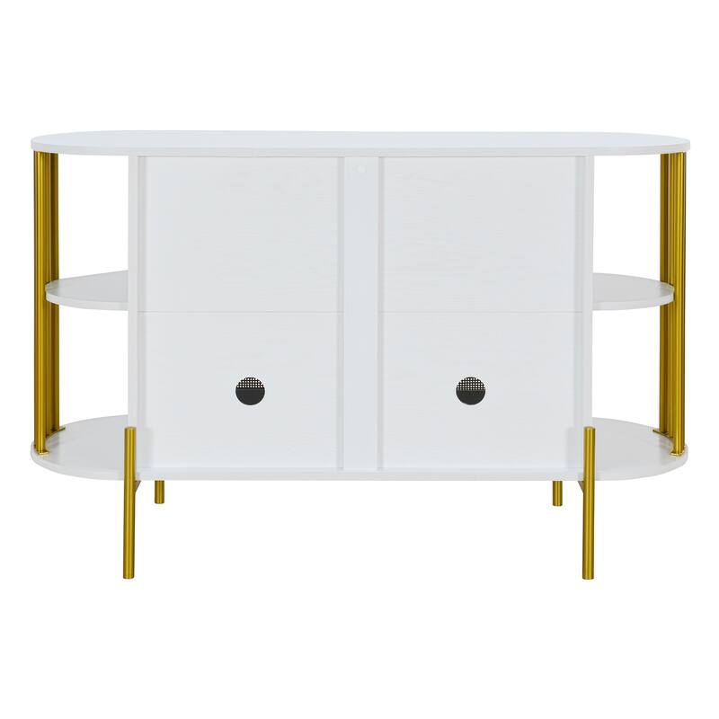 Dining Room Cabinet with Rounded Corners, Rattan Doors & Gold Handles for Elegant Storage