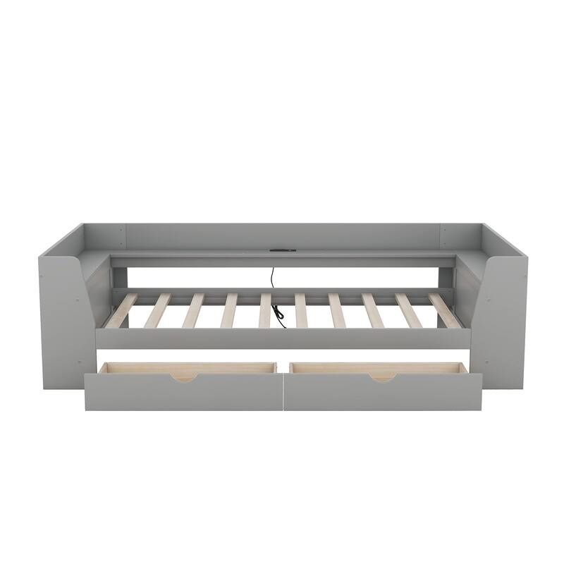 Twin Size Daybed with Shelves, Drawers and Built-In Charging Station