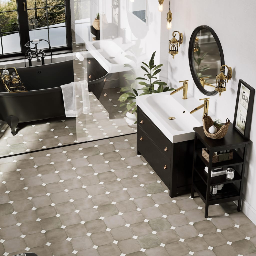 Merola Tile Laverton Octagon Grafito with Taco Nieve 7-7/8" x 7-7/8" Porcelain Floor and Wall Tile