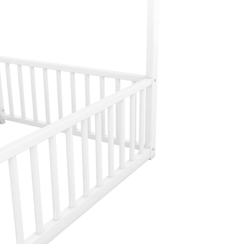 White Twin Size Metal House Platform Bed with Guardrails, Two Shared Beds