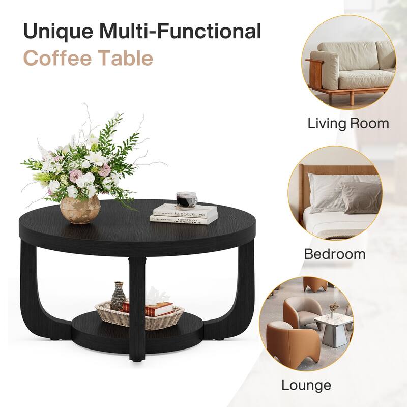 2-Tier Round Coffee Table, Wooden Accent Center Table for Living Room, Brown - Large