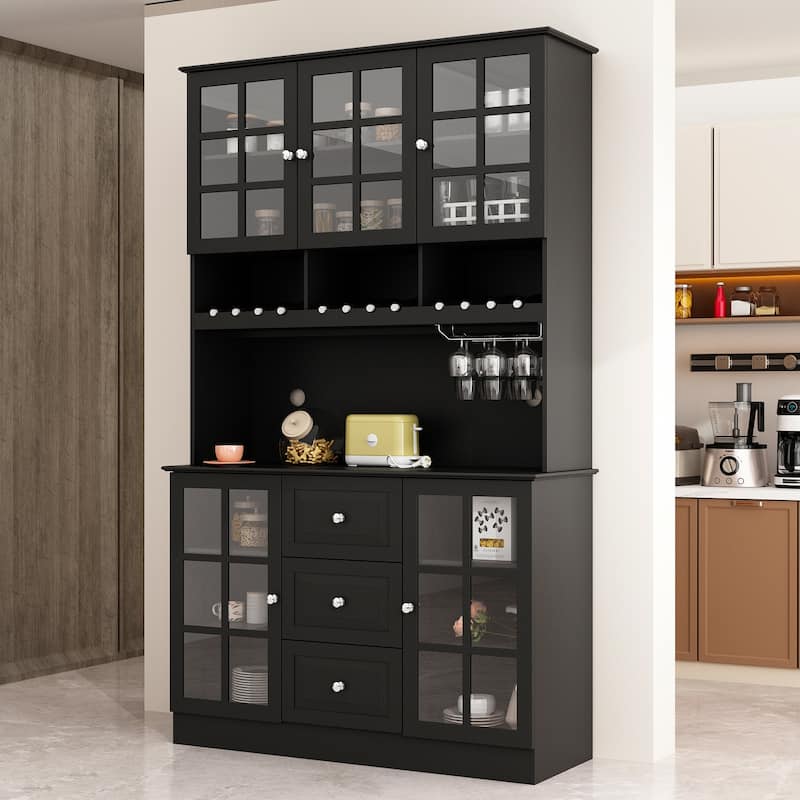78.9"Large Kitchen Hutch Cabinet Kitchen Pantry Cabinet Bookcase Glass