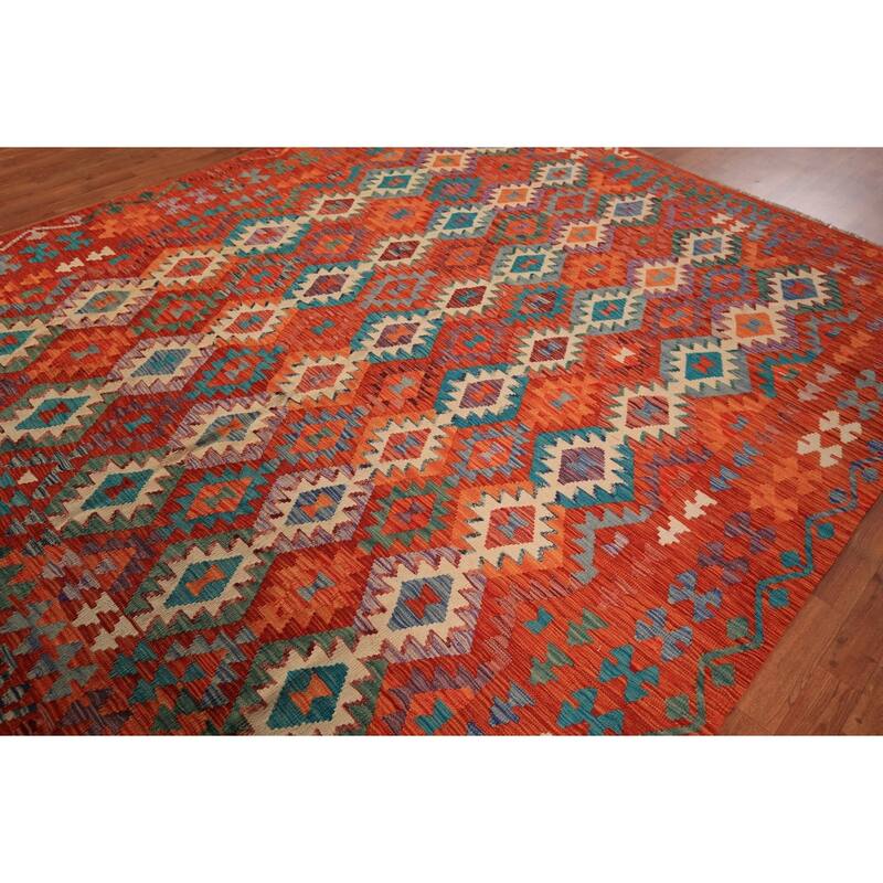 Reversible Orange Kilim Oriental Area Rug Hand-Woven Wool Carpet - 8'3" x 9'9"