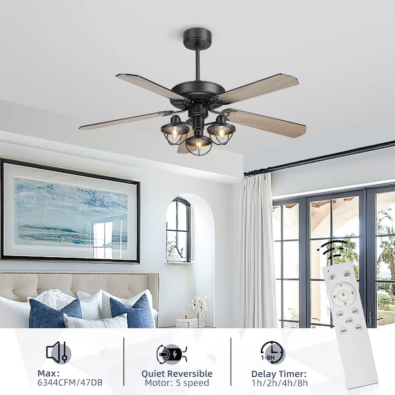 52-Inch Farmhouse Wooden Ceiling Fans with 3 Lights and Remote Control, 5-Reversible Blades Indoor/Outdoor