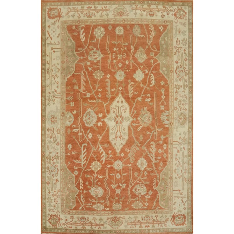 Orange Wool Floral Oushak Vegetable Dye Area Rug, Floral Geometric Carpet - 11' 9'' X 9' 0''