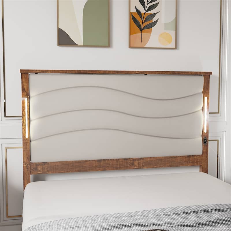 King Size LED Platform Bed w/ Upholstered Headboard, Charging Station