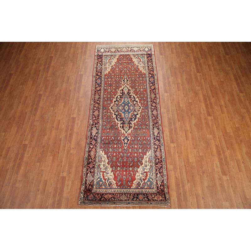 Hand Knotted Oriental 100% Wool Carpet Traditional Medallion Red Malayer Runner Rug - 10' 7'' X 3' 11''
