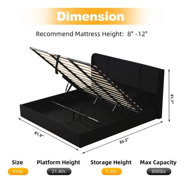 dimension image slide 3 of 17, Modern Minimalist Upholstered Storage Bed with Lift-Up Platform