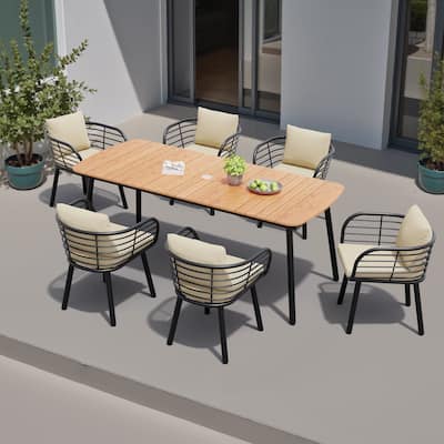7-Piece Set Outdoor Rectangular Aluminum Dining Table and Chairs with Sunbrella Fabric Cushion - N/A