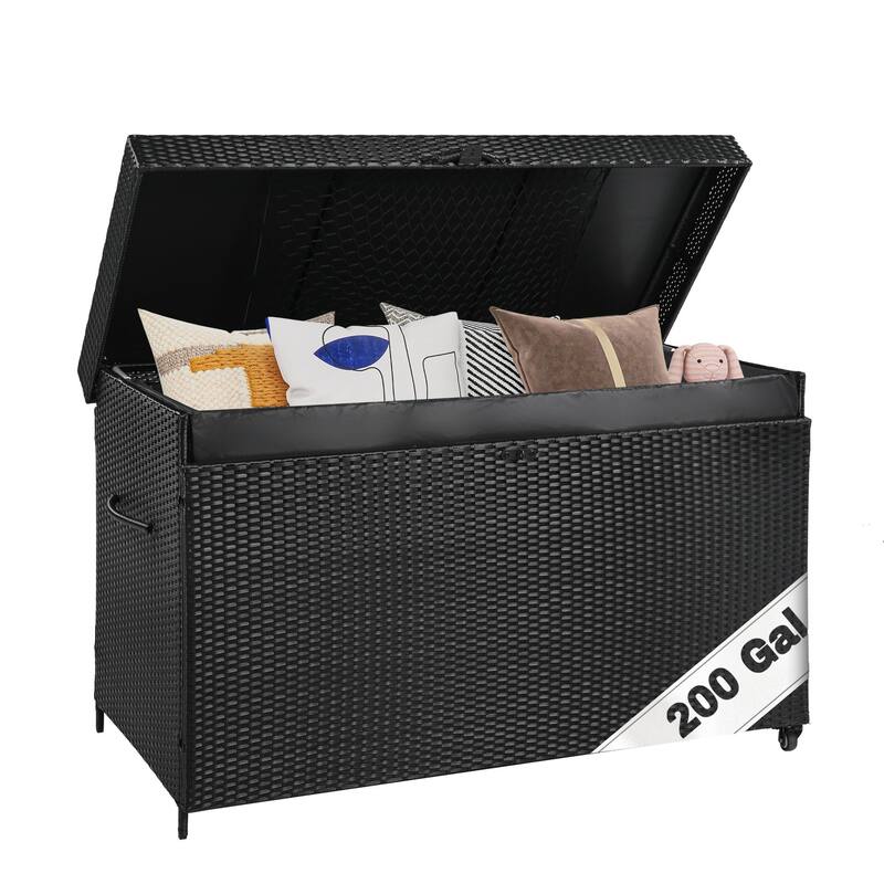 200 Gallon Wicker Deck Box All-Weather Outdoor Storage Box with Wheels Lockable Lid and Water Resistant Storage Bag for Patio