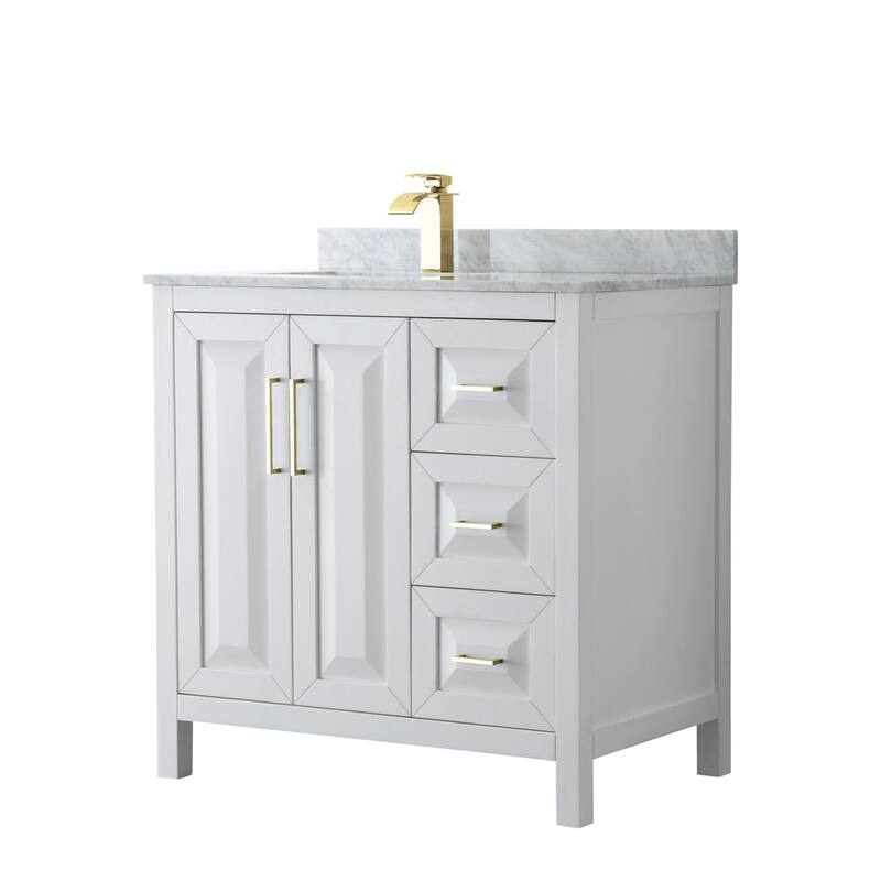 Wyndham Collection Daria 36" Free Standing Single Vanity Set with MDF - White / White Carrara Marble Top / Brushed Gold - Painted