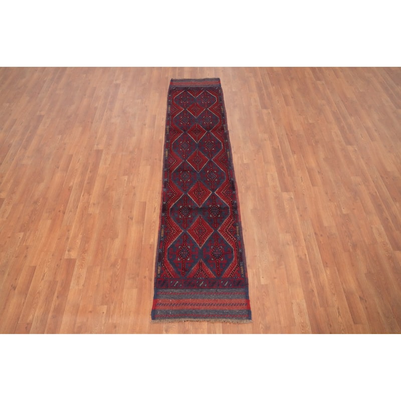 Hand Knotted Oriental 100% Wool Carpet Traditional Tribal Navy Blue & Blues Balouch Runner Rug - 7' 11'' X 1' 10''