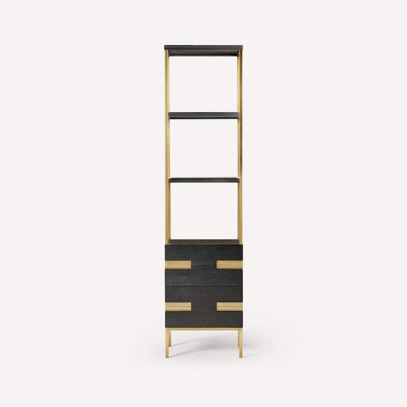 Robern CSSE2080 Sendai 80"" Wood Free Standing Bathroom Linen Tower - Matte Black Oak with Aged Brass