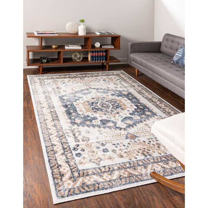 Contemporary Trabzon Collection Area Rug - Ivory-Blue - 5'x8'