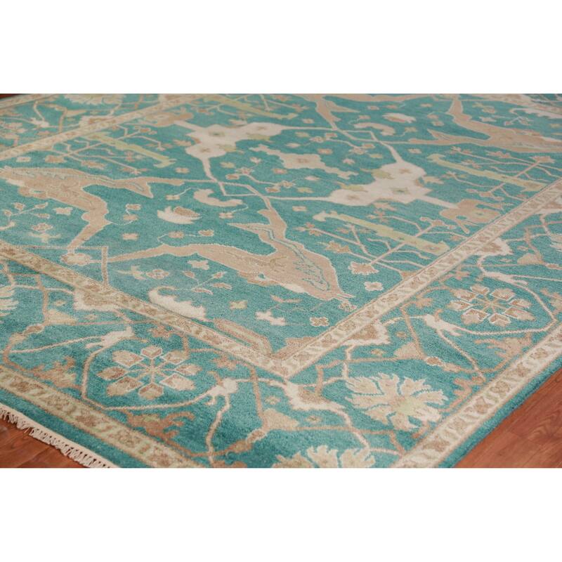 All-Over Green Oushak Indian Area Rug Floral Handmade Wool Carpet - 9'1" x 11'9"