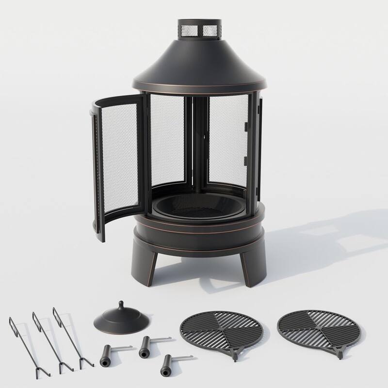 Kullavik Outdoor Metal Chiminea Wood Burning Fire Pit with 3 Door and Adjustable Grill