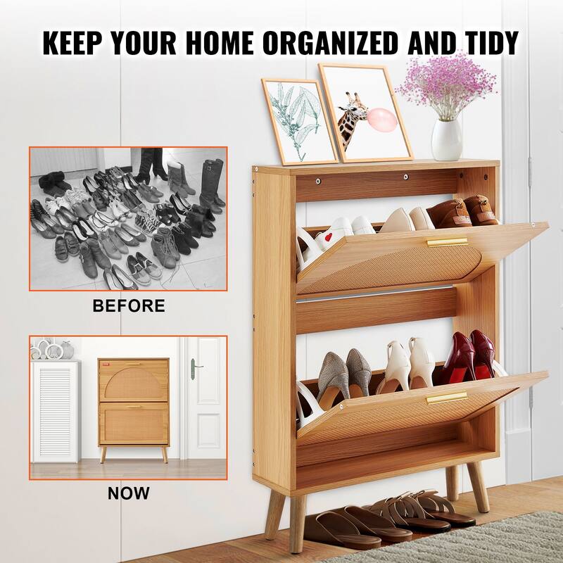 Shoe Cabinet with Flip Drawers Rattan Doors Entryway Storage Organizer - 23.62 x 6.61 x 34.53 inch