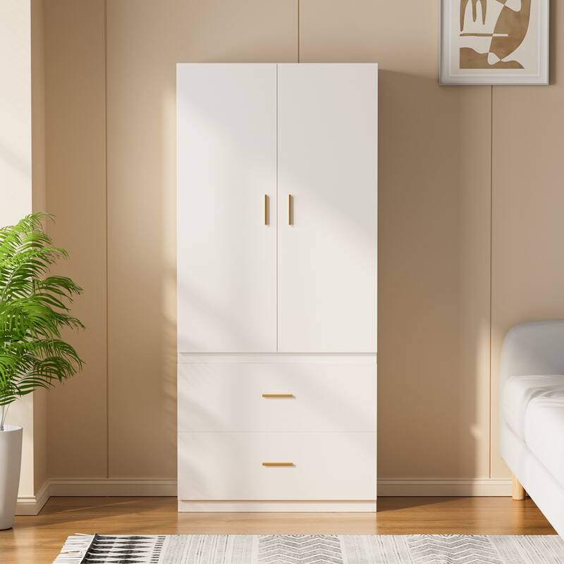 Gymojoy Armoire Wardrobe Closet, White Wooden Freestanding Clothes Storage Cabinet with Hanging Rods and Shelves for Bedroom - 2 Door
