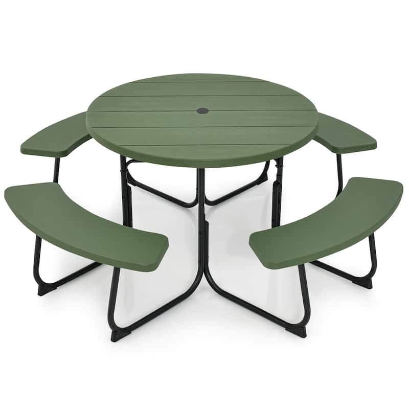 Outdoor Round Picnic Table Bench Set with 4 Benches & Umbrella Hole - Green