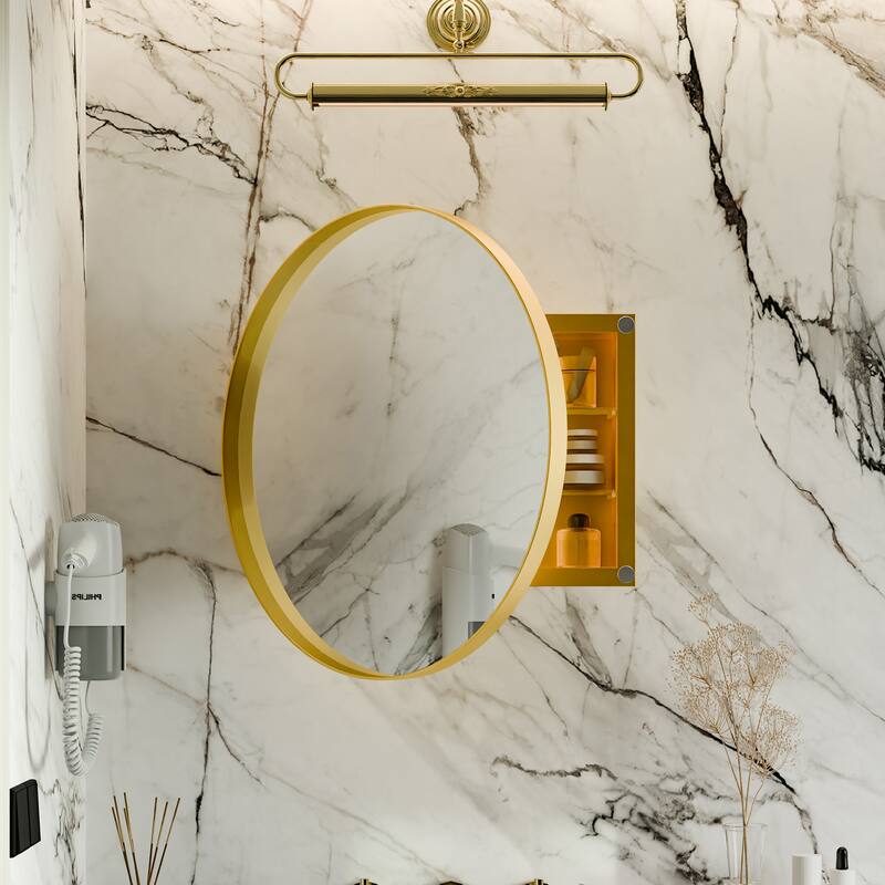 23.6 Inch Surface Mount Round Medicine Cabinet with Mirror and Adjustable Shelves Black Wall Mirror with Storage for Bathroom - Golden