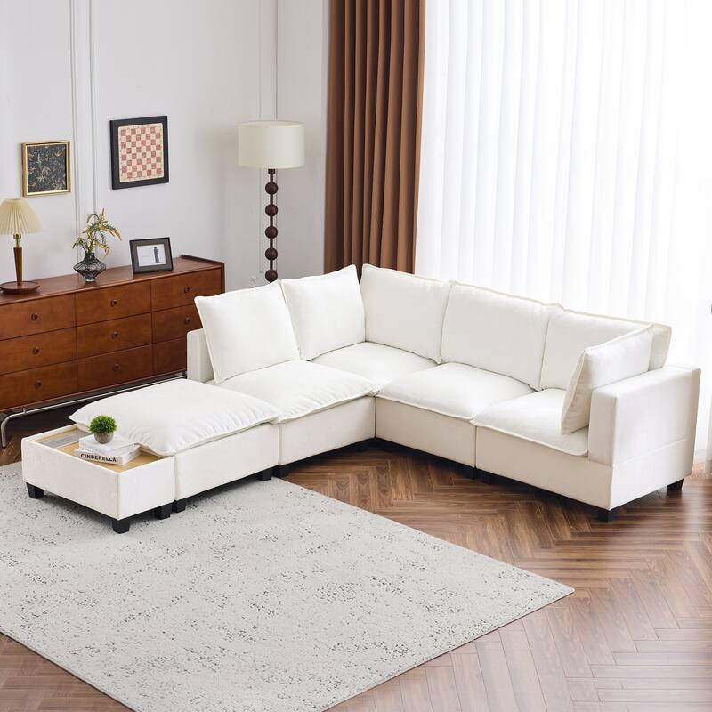 U-Shaped Sectional Sofa with Ottoman, Coffee Table with Hidden Charging Devices, Oversized Chenille Upholstered Cloud Sofa