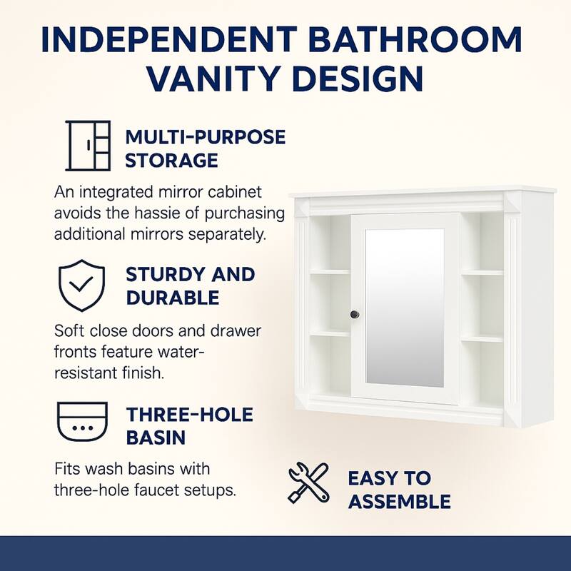 30" Ceramic Sink Bathroom Vanity with Gold Handles, Soft-Close Storage & Space-Saving Design