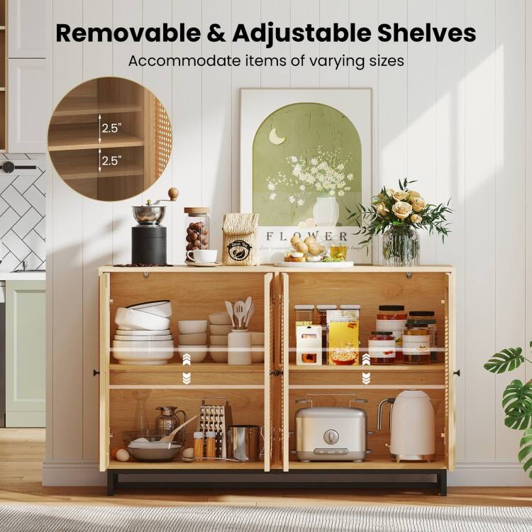 Natural Engineered Wood and Metal Buffet Sideboard with PE Rattan Doors - 50" × 16" × 32"