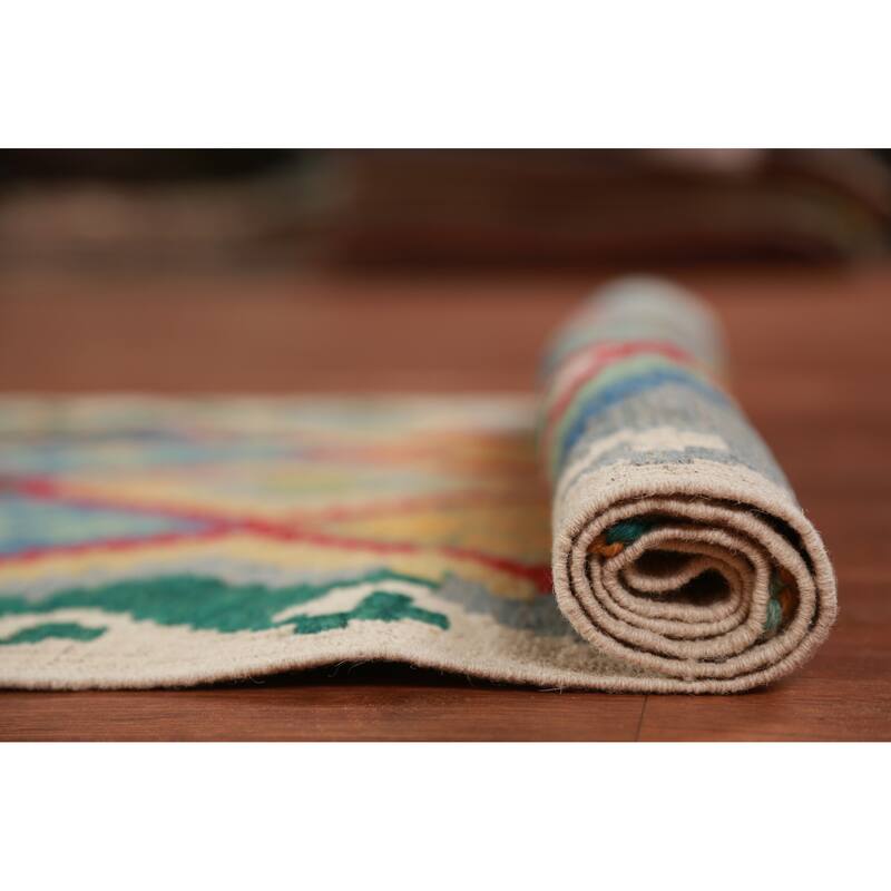 Hand Woven Oriental 100% Wool Carpet Southwestern Geometric Multi-Colored Kilim Runner Rug - 16' 2'' X 2' 9''
